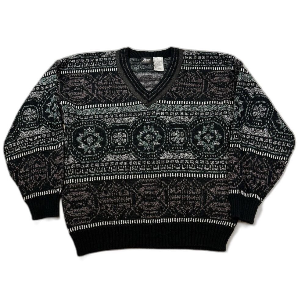 Impact Retro Men’s Size Extra Large V-Neck Pullover Knit Sweater Geometric-EUC